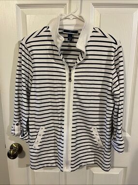 Karen Scott White and Navy Striped Zip Front Cardigan